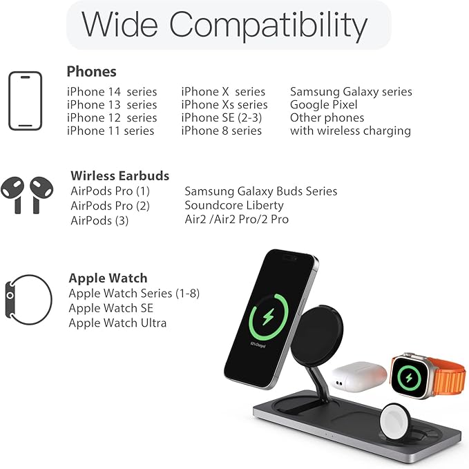 3-in-1 Charging Station for Apple Devices: Used for iPhone and Watch Charging Station with Magsafe Charger Stand, Wireless Charger for iPhone 17 Air 16 15 14 13 Series, Apple Watch Ultra, AirPods Pro