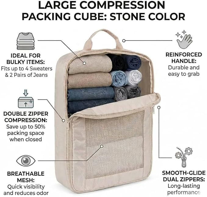 G-FORCE 3PC Compression Mesh Mid-Rectangular Packing Cube Set Stone Color | Space Saver Travel Organizer | Luggage Compression Cubes