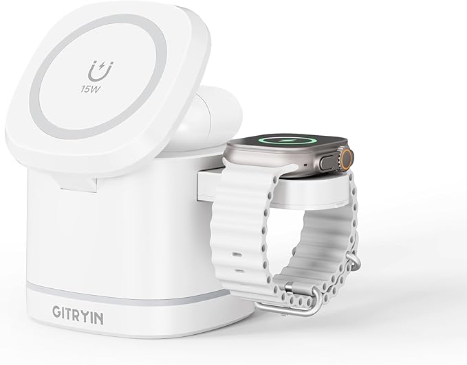 Gitryin Magnetic Wireless Charger Stand for Apple Devices, 3 in 1 Travel Charging Station, 15W Foldable Charging Dock for iPhone 17/16/15/14/13/12, Apple Watch Ultra, AirPods 4 3 Pro