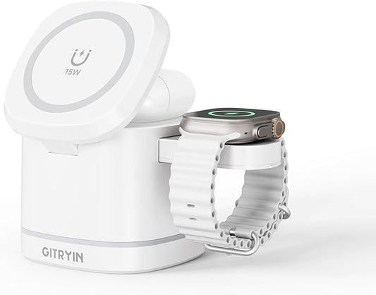 Gitryin Magnetic Wireless Charger Stand for Apple Devices, 3 in 1 Travel Charging Station, 15W Foldable Charging Dock for iPhone 17/16/15/14/13/12, Apple Watch Ultra, AirPods 4 3 Pro