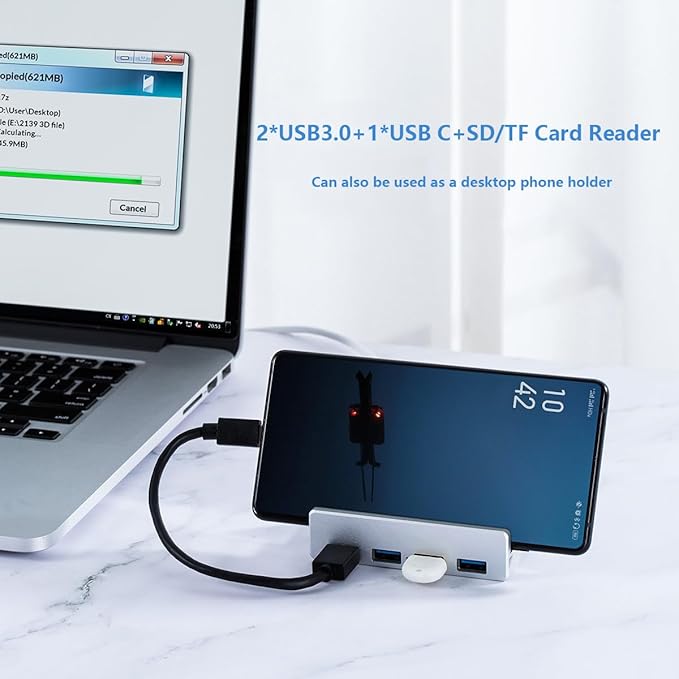 USB C Hub Clamp Aluminum 2-Port USB 3.0, USB C Data Port, SD/TF Card Reader for 0.39''-1.18'' Thickness Desktop PC, Desks,Monitor Stand Desktop Powered USB Hub and Cell Phone Holder (Black)