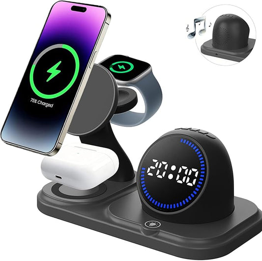 Wireless Charging Station with Clock,6-in-1 Charging Stand for Multiple Devices for iPhone 17 16 15 14 13 12 Pro Max, Apple Watch, Airpods, Bluetooth Speaker + RGB Light