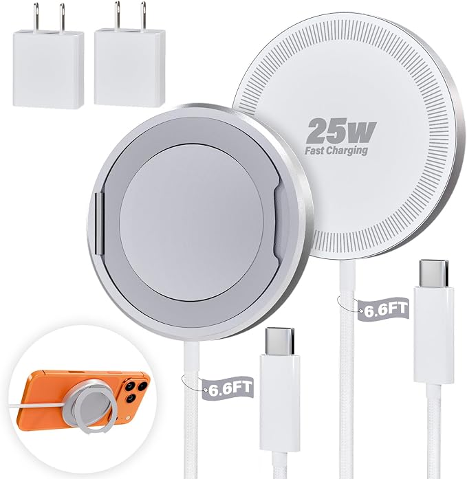 2Pack Magnetic Wireless iPhone Charger Fast Phone Charger with Kickstand, 6.6FT 25W Fast Phone Charging Pad Wireless Magnetic Charge for iPhone 17/17Air/16 Pro Max/16 Plus/15 Pro Max White