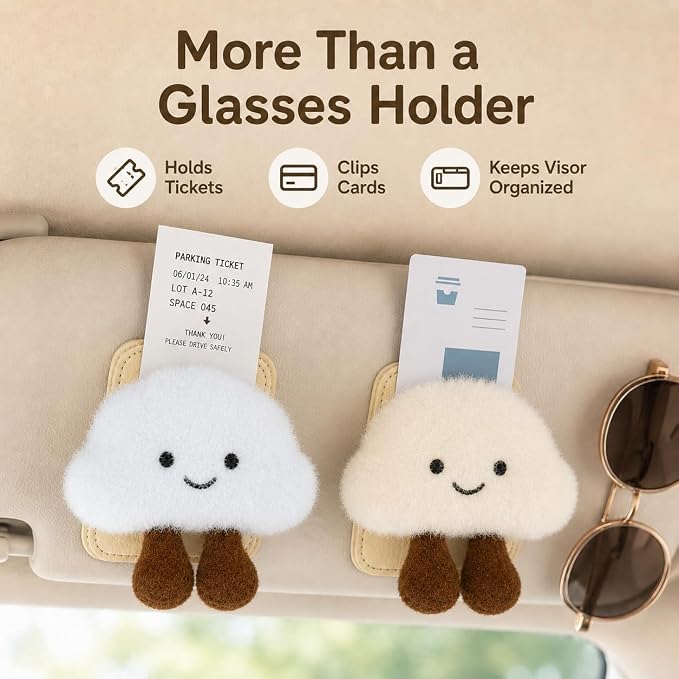 2 Pack Cute Cloud Sunglasses Holder for Car Visor, Plush Car Sunglass Clip, Magnetic Eyeglass Glasses Holder for Sun Visor, Ticket Card Clip, Cute Car Accessories for Women Girls White