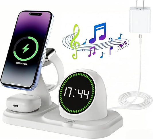 6 in 1 Wireless Charger i-Phone Charging Station: Stand for Multiple Devices for Apples - Compatible i-Phone 17 16 15 14 13 Pro Max Apples Watch Airpods, Design with Wireless Speaker & Clock (White)