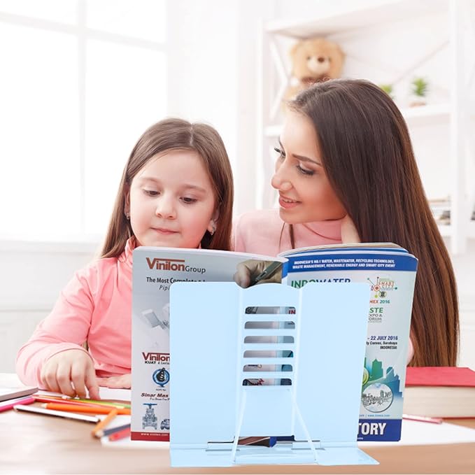 Honagu Metal Desk Book Holder, Adjustable Cookbook & Document Holder, Portable Bookstand for Music Books, Textbooks, Recipes, Tablets & iPads (Macaron Blue)