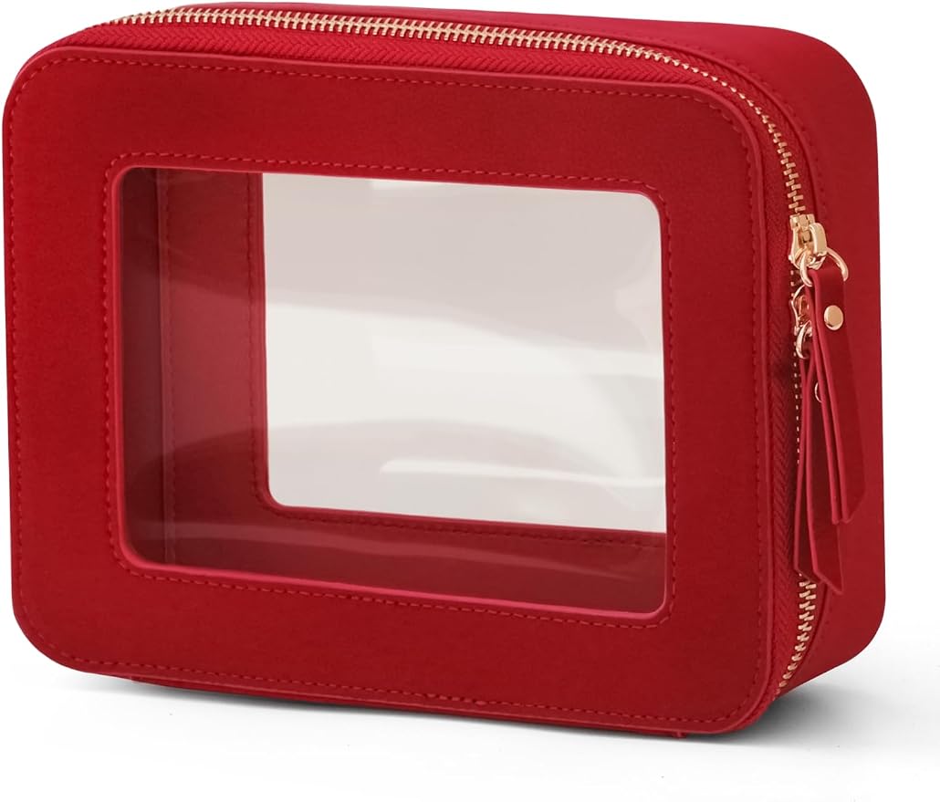Popvibe Clear Makeup Bag Travel Cosmetic Case Toiletry Bag with Zipper, Red, Medium