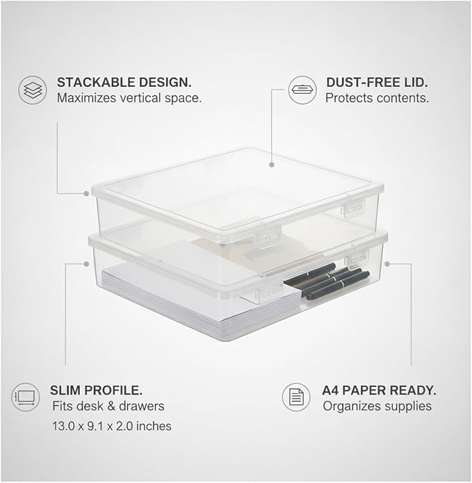 1 Pack Desktop Storage Box with Lid, Slim PP Plastic Organizer for A4 Papers and Office Supplies, Stackable Drawer Tray
