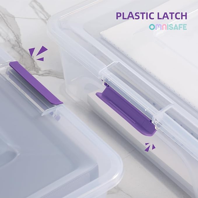 Plastic Storage Bin with Lid, Stackable Design, Clip Box for Crafts, Supplies and Office Items Container (4 Pack 10 Quart Purple)