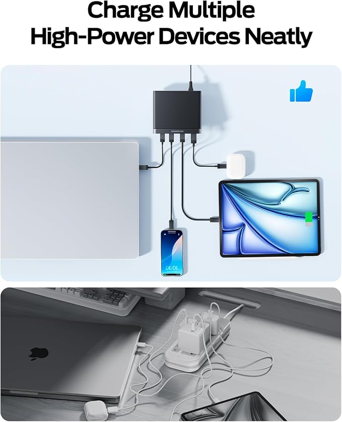 MOVESPEED 165W 4 Port Slim GaN Charging Station, 140W Single Port USB-C Fast Charger with Detachable 5ft Cable & 2 Stands for Laptops, Phones, Tablets (for MacBook/Dell/HP/Samsung etc)