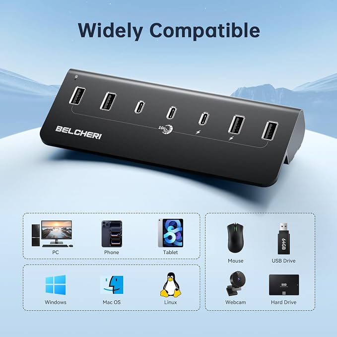 7-Port Powered USB Hub, 10Gbps High-Speed Data USB Splitter (4 USB-A and 3 USB-C Ports), Aluminum Hub with 5V/3A Adapter, for Laptop, MacBook, iPhone 16/15