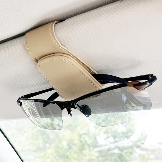 Sunglass Holder for Car, Magnetic Leather Eyeglass Hanger Clip for Car Sun Visor, Sunglasses Holder and Ticket Card Clip for Car Visor Accessories (1Pack Beige)