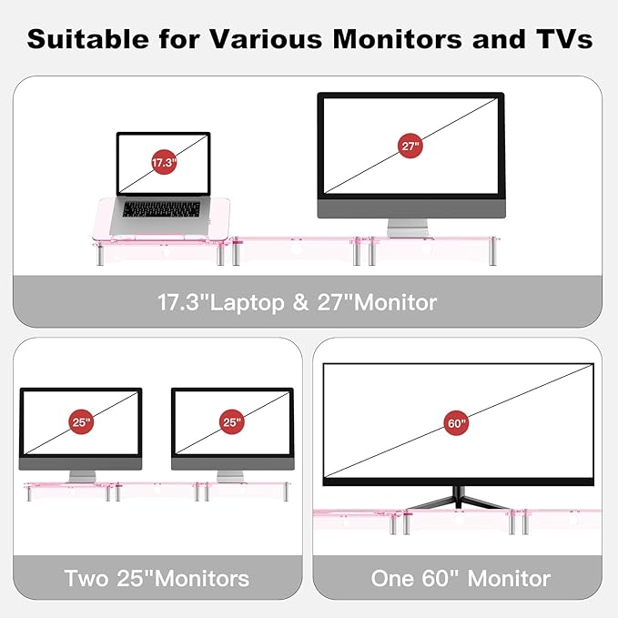 RQUOIRE Ergonomic Pink Acrylic Dual Monitor Stand with Adjustable Laptop Riser, Compatible with Desktop, Printer, TV and More Devices,monitor riser holder suitable for 2 monitors