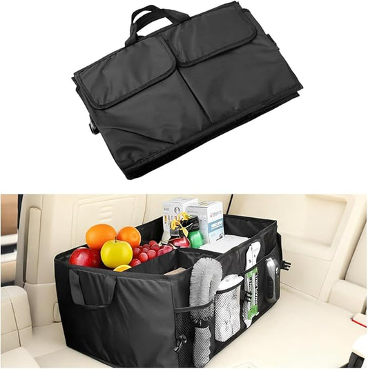 Car Trunk Organizer, Collapsible Multi-Compartment Large Capacity Vehicle Storage Container, Foldable Adjustable Automotive Interior Organization Box, Universal Fit (Black)