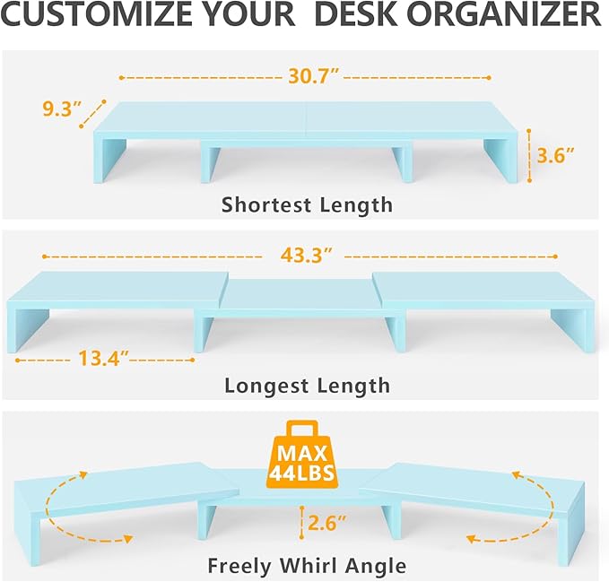 TAVR Dual Monitor Stand Riser Office Desktop Organizer Stand for 2 Monitors, Adjustable Length and Angle 3 Shelf, Extra Long Multifunctional Stand up to 43.3" fit Computer, Laptop, TV, Blue