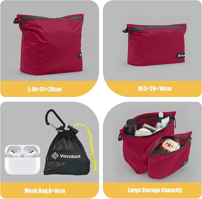 Vavabox Extremely Light Toiletry Bag for Women, Water-Resistant Zipper Pouch, Nylon Makeup Bag Travel essentials for Men Camping Gym (Rose Pink)