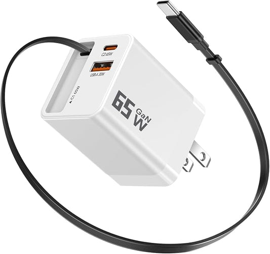 65W GaN USB C Charger Block with 2.3FT Retractable Cable, 3-Port Fast Wall Plug (2 USB-C & 1 USB-A) for iPhone 17 16 15, Samsung Galaxy S25, MacBook Pro/Air, Travel (White)