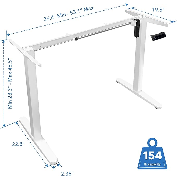 Mount-It! Motorized Electric Standing Desk Frame, Standing Desk Legs Raise up to 46.5", Sit Stand Desk Legs Adjustable Height with Memory Controller, Home and Office DIY Workstation in White