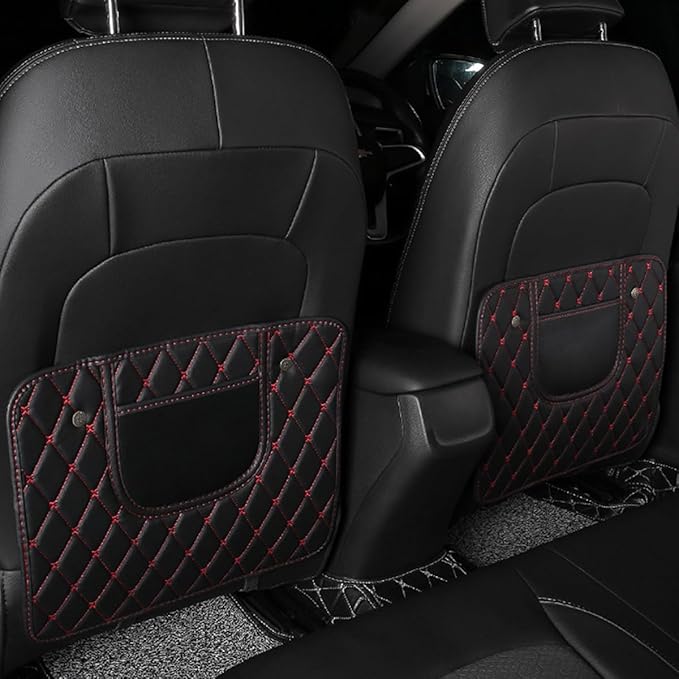 2 PCS Car Kick Mats, Leather Back Seat Protector with Storage Bag, Waterproof Automotive Backseat Cover Pad Prevent Kids Dirt Mud and Scratch, Interior Car Accessories(Black & Red)