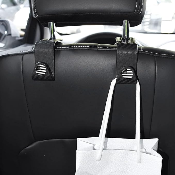 4PCS Car Seat Headrest Hooks, Auto Back Seat Hanger Holder, Durable Stylish Vehicle Organizer Universal Car Accessories, Storage Hooks for Purses, Bags, Clothes, Coats (Carbon Fiber/Black Flag)