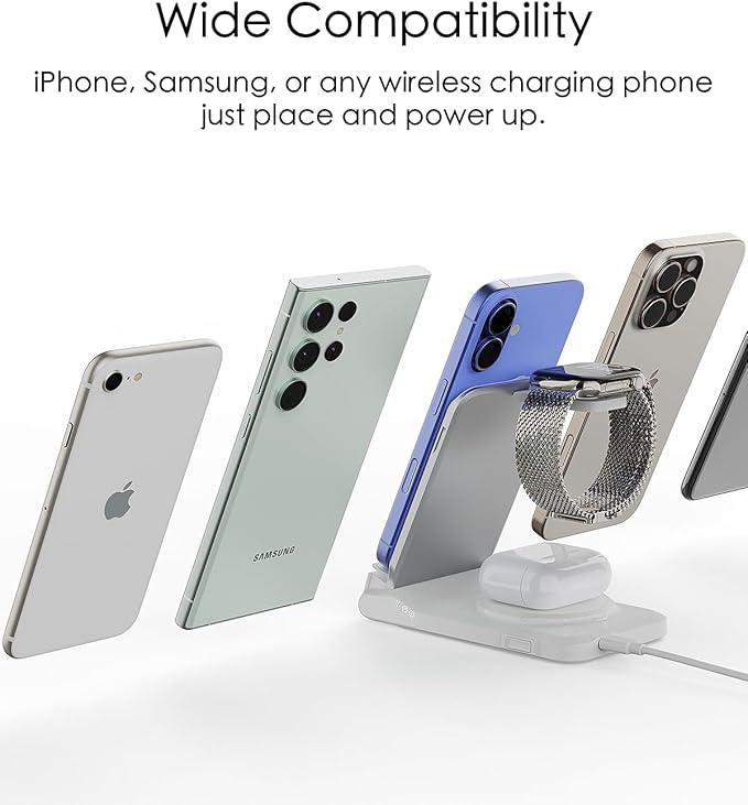 3 in 1 Charging Station for Multiple Devices,Travel Wireless Charging Station, Foldable Charger for iPhone 16/15/14/13/12/SE/11/X/8 Series,& Android Phone,& AirPods,& iWatch (Adapter Not Included)