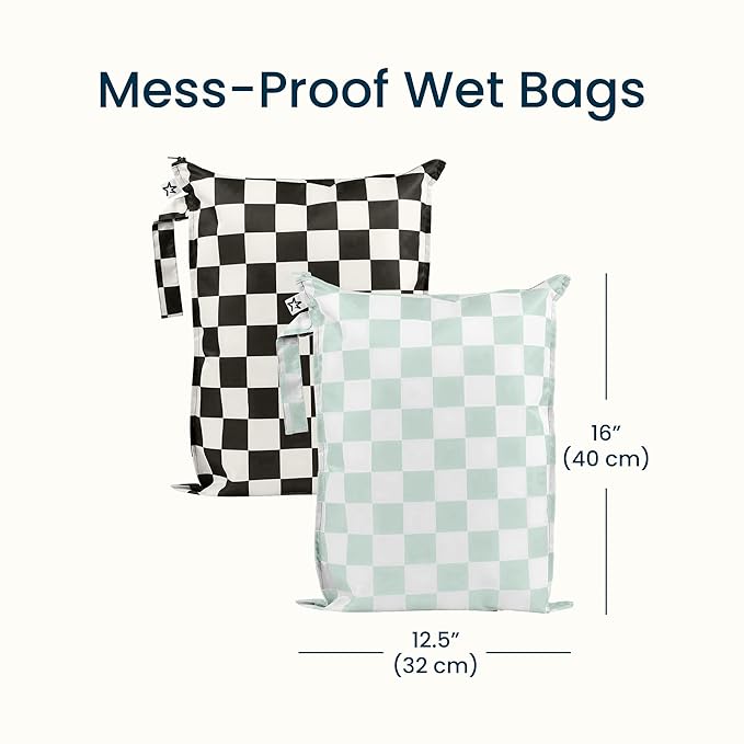 Tiny Twinkle Mess Proof Wet Bags | 2-Pack Reusable Waterproof Wet Bags for Swimsuits | Baby Clothes | Travel & Diaper Bag (Black, Green Checkers)