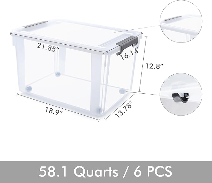 Citylife 6 Packs 58.1 QT Plastic Storage Bins with Lids Large Stackable Storage Containers for Organizing Clear Storage Box for Garage, Closet, Classroom, Kitchen