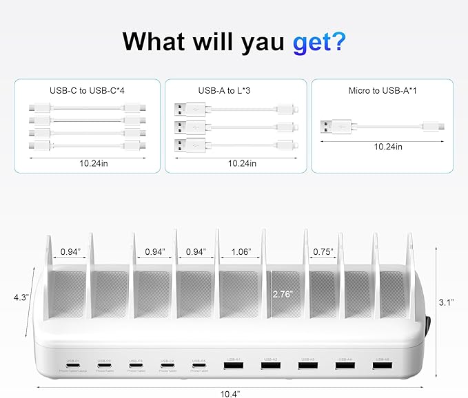 510W Fast Charging Station for Multiple Devices, 10 Port USB C Charger Station with Flame-Retardant Material & 8 Cables for iPhone, Android, iPad, Tablets, Family Office Desk Charging Dock Organizer
