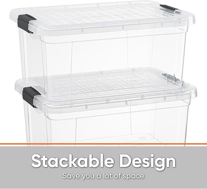 Superio Small Storage Bins with Lids - Clear Boxes for Organizing, Stackable Plastic Containers - BPA Free, Non-Toxic, Odor Free, Organizer for Home, Office, Dorm(4 Pack, 11 Qt)