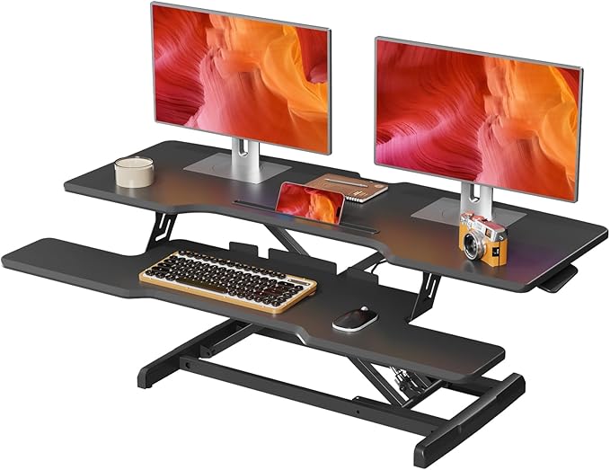 42 inch Standing Desk Converter, Height Adjustable Desktop Standing Desk with Keyboard Tray for Two Monitors, Sit to Stand up Desk Riser Computer Workstation for Home Office, Black