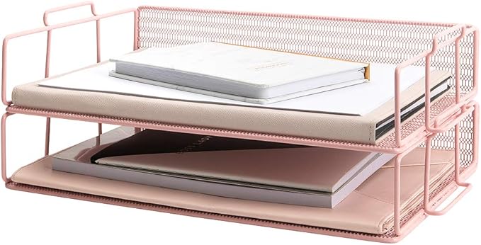 BLU MONACO | Paper Tray Stackable Pink Mesh Set of 2 | Stackable File Trays for Desk Organization | Tiered Desk Organizer with Metal Letter Trays and Workspace Organizer