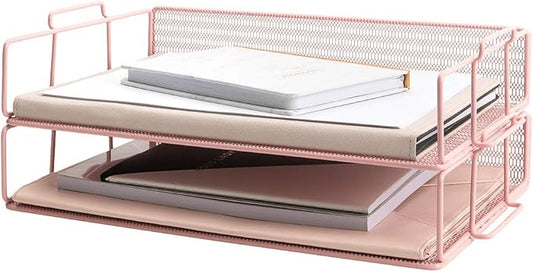 BLU MONACO | Paper Tray Stackable Pink Mesh Set of 2 | Stackable File Trays for Desk Organization | Tiered Desk Organizer with Metal Letter Trays and Workspace Organizer