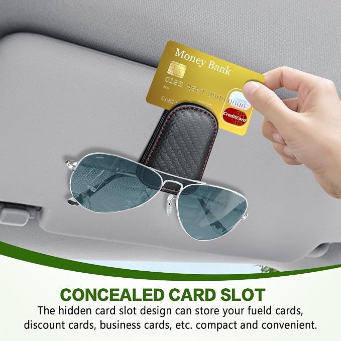 Sunglass Holder for Car, Sunglasses Clip for Car Visor, Magnetic Leather Vehicle Eyeglass Hanger Clip, Auto Ticket Card Glasses Organizer Clamp Accessories for SUV Sedan (Carbon Fiber)