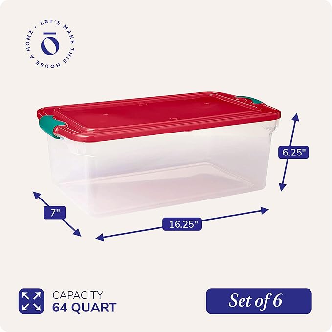 HOMZ 6-Pack Holiday Tote, Plastic Storage Organizer Bins with Lids, 64 Quart, Clear/Red - Stackable Organizing Containers for Home, Garage, and Office