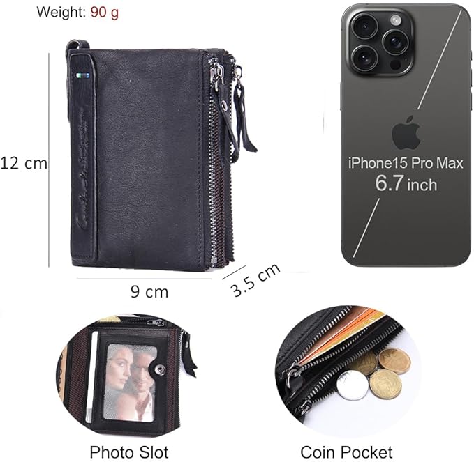 CONTACTS Soft Leather Wallet for Women and Men Small Bifold Coin Purse Double Zipper Card Holder with RFID Blocking (Black)