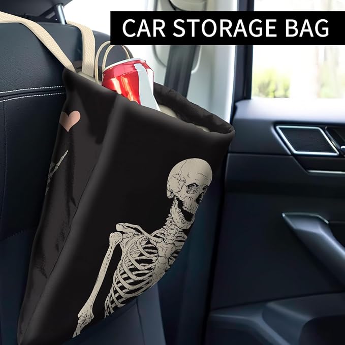 Car Trash Can, Cute Car Trash Bag, Hanging Car Organizer and Storage Bag, Trash Bin for Car Accessories, Vehicle, Travelling, Camping Cool Skull Heart