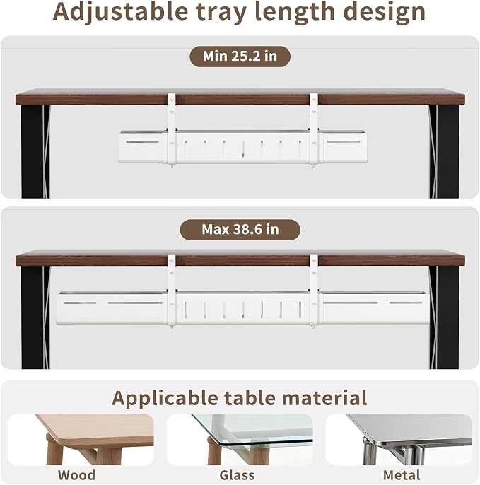 Under Desk Cable Management Tray, Expandable 25.2"–38.6" Heavy Duty Carbon Steel with Clamp, Hidden Cord Organizer for Desk, Home Office & Standing Desk, No Drill Installation, White