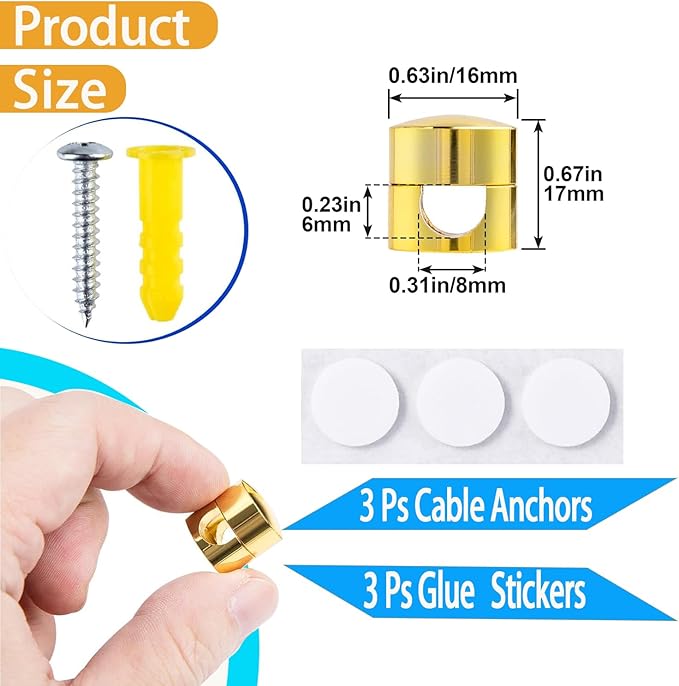 3 Sets Charger Cord Holder, Gold Metal Adhesive Cable Management Clips,Adjustable Cable Anchor Holders,Wire Organizer for Desk, Wall Hook, Home, Office,Bedside Table