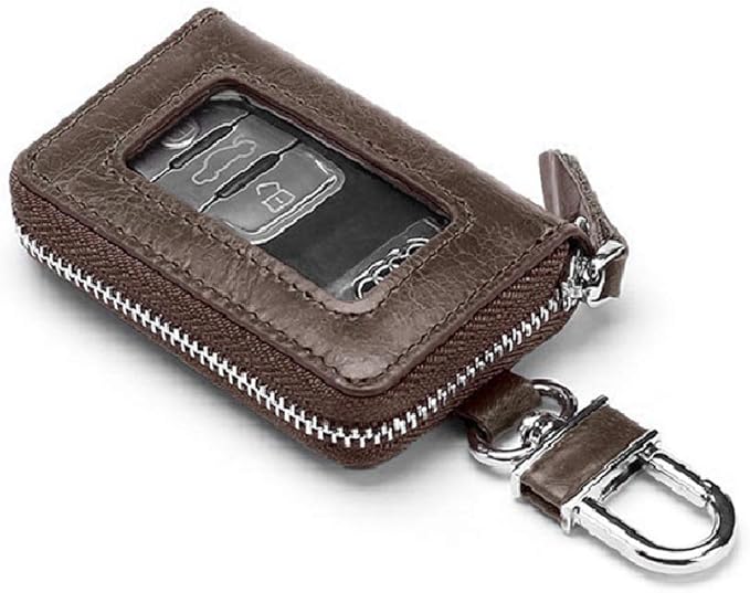 BAKUN Premium Mini Leather Car Key Case, Car Smart Key Chain Holder Wallet Zipper Bag for Remote Key Fob