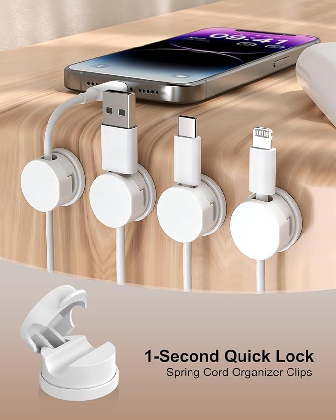 OneLeaf 12 Pack Spring Cable Clips for Phone Charger, One-Hand Cord Holder for Nightstand & Desk, Rotatable Desk Cable Management with Strong Adhesive, White