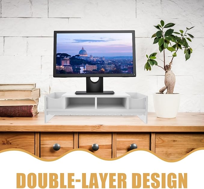 STOBOK Monitor Stand with Drawer Laptop PC Monitor Riser Rack Holder Desk Organizer Tabletop Storage Cabinet Wooden White