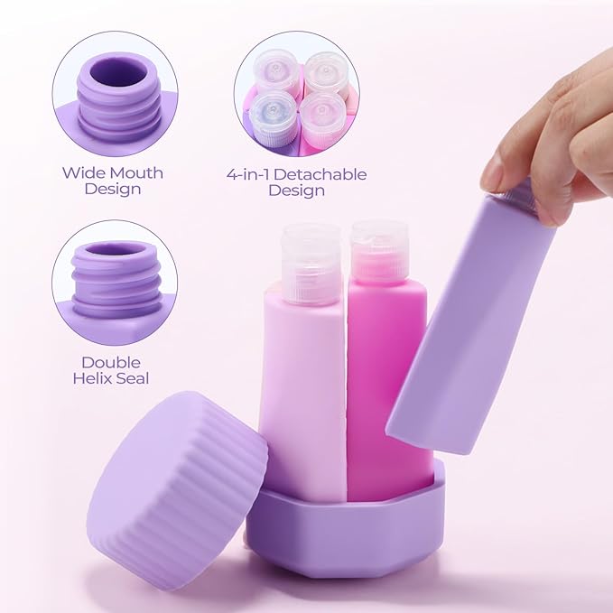4 in 1 Silicone Travel Bottle for Toiletries, Travel Size Containers Leak Proof Refillable Liquid Squeezable Portable Dispenser Tubs for Shampoo Conditioner Lotion Body Wash(Purple)