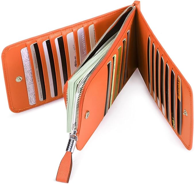 Women's Genuine Leather Credit Card Holder RFID Long Zipper Purse Wallet