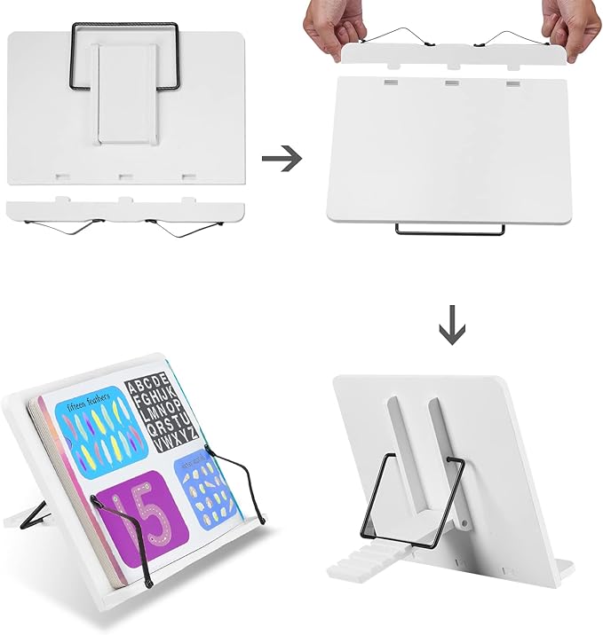 Small Desktop Bookshelf for Reading 11 inches 5 Angle Adjustable Lightweight Portable Foldable Sturdy White Display Stand for Tablets iPad and More