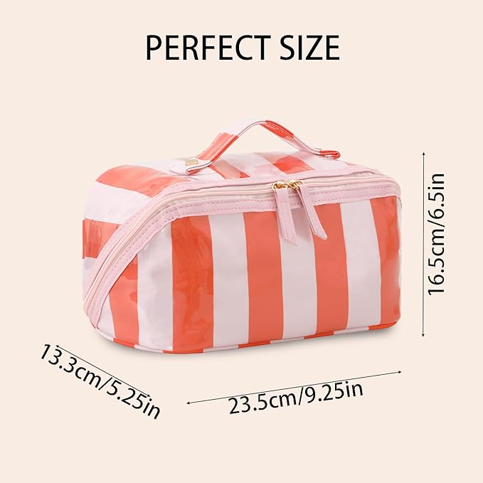 DYSHAYEN Stripe Travel Makeup Bag with Compartments Clear Coated Cosmetic Bag for Women, Waterproof Portable Open Flat Toiletry bag （Pink-Orange）