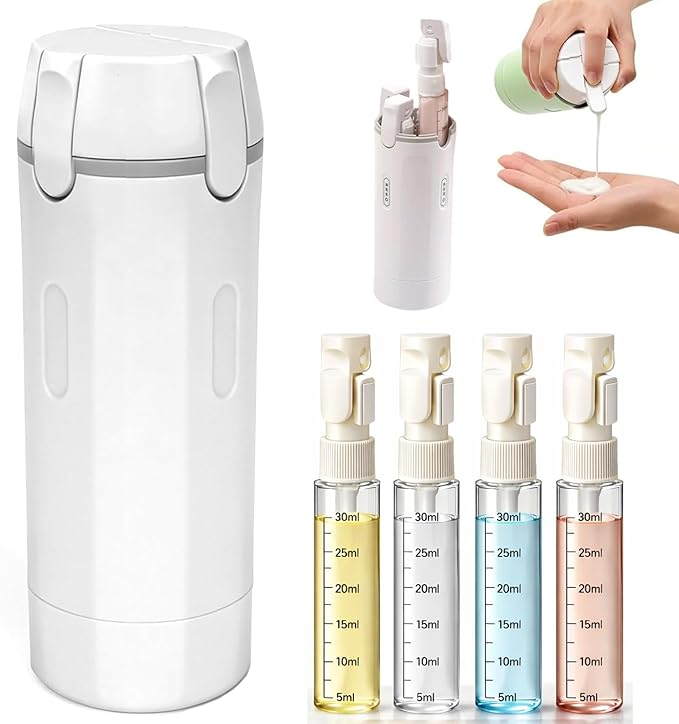 4 in 1 Travel Dispenser Bottle,Leak Proof Refillable Bottles Store Shampoo, Lotion and More,Transparent with Scale, Easy Squeeze Use, Lightweight & Portable Perfect for Travel,Gym,Camping (White)