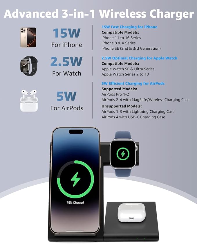 3 in 1 Foldable Wireless Charging Station for Apple Devices, 15W Fast Wireless Charger Stand for iPhone 17/16/15/14/13 /Plus/Pro/Pro Max/12/11, Apple Watch 10/9/8/7/Ultra2/Ultra/SE, AirPods 4/3/2/Pro