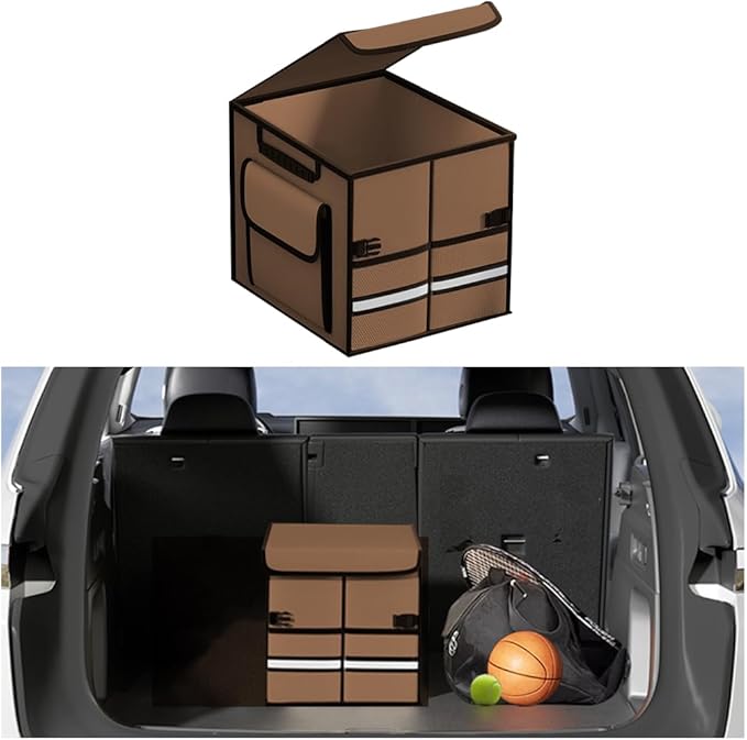 Car Trunk Organizer, Multi-Compartment Collapsible Vehicle Cargo Storage Organizer with Lid, Non Slip Waterproof Storage Box with Reinforced Handles, Universal Automotive Accessories (Coffee)