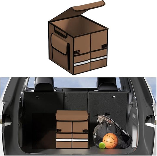 Car Trunk Organizer, Multi-Compartment Collapsible Vehicle Cargo Storage Organizer with Lid, Non Slip Waterproof Storage Box with Reinforced Handles, Universal Automotive Accessories (Coffee)