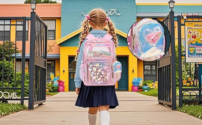 AIBFRID 4Pcs Mini Backpack Keychain,Cute Cosmetic Bag for Women,TPU Clear Makeup Bag Key Pocket Lipstick Bag Card Holder Data Cable Organizer Zipper Pouch (Heart Crown Bow Star)